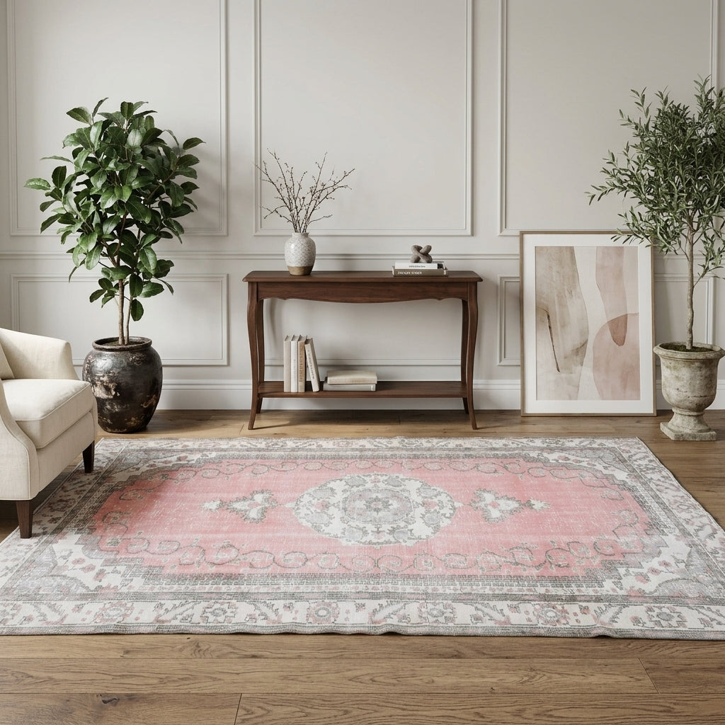 Oriental pattern on the Sevvalgul vintage area rug – handmade in Anatolia, Turkey