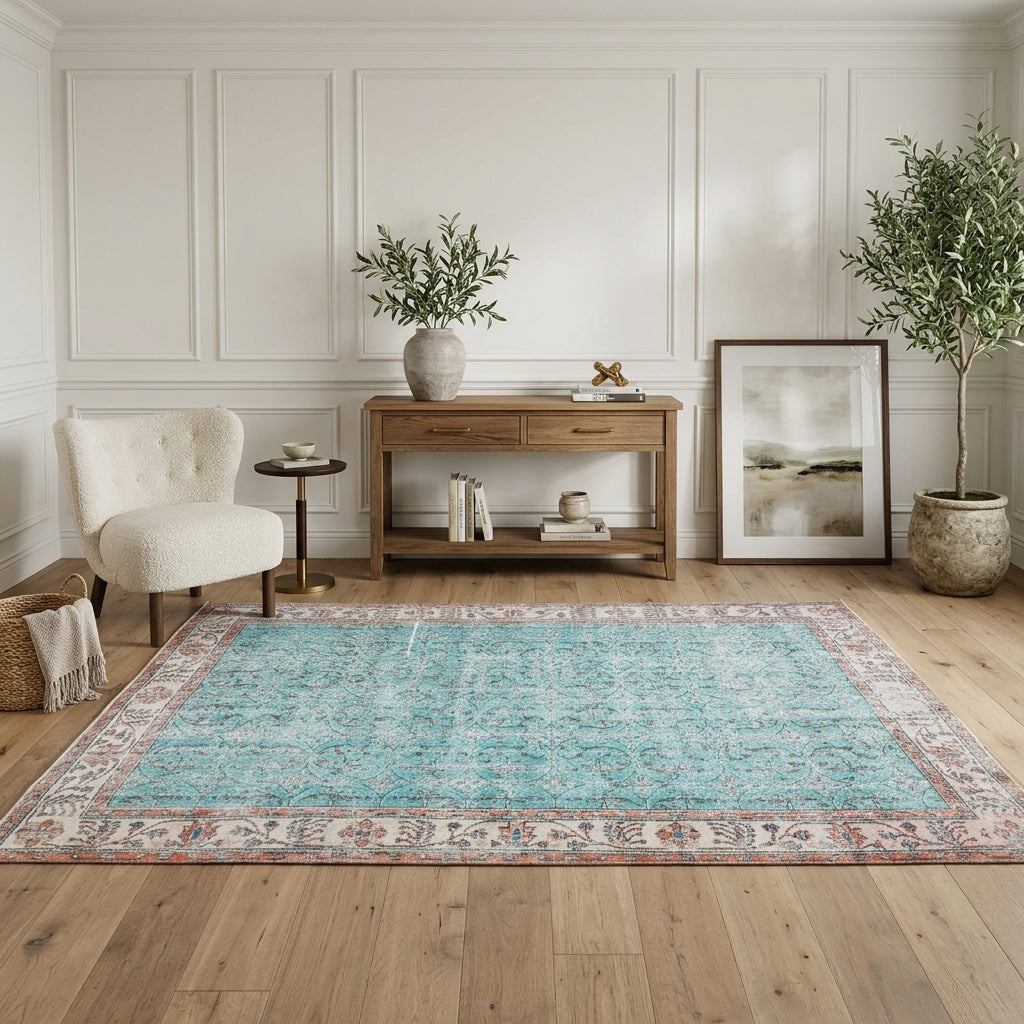 Bordered and floral pattern on the Selvisad vintage area rug – handmade in Anatolia, Turkey