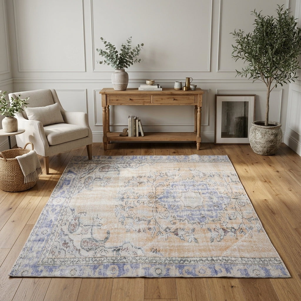 Oriental pattern on the Selvidil antique washed vintage area rug – handmade in Anatolia, Turkey