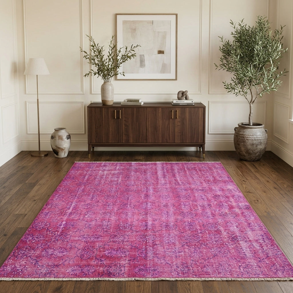 Abstract pattern on the Sedanurperver overdyed vintage area rug – handmade in Anatolia, Turkey
