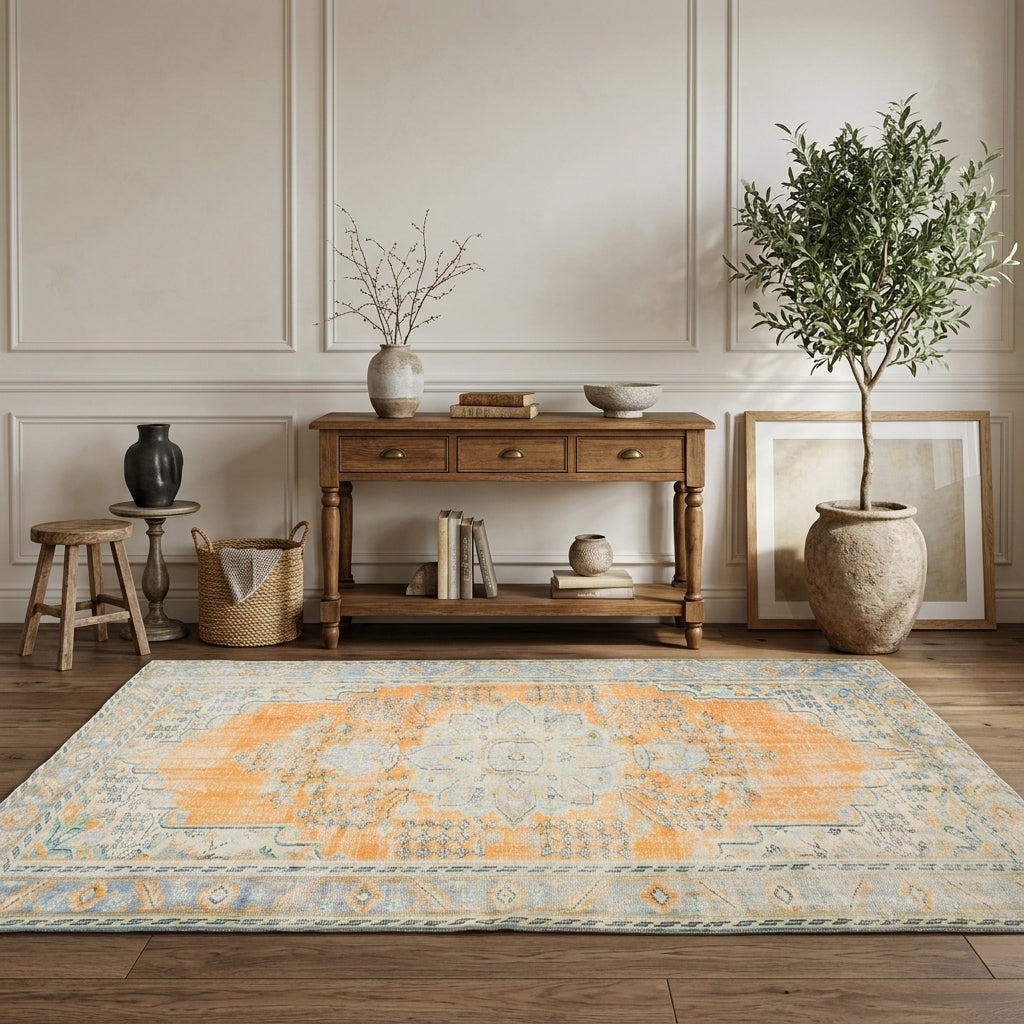 Oriental pattern on the Salyan antique washed vintage area rug – handmade in Anatolia, Turkey