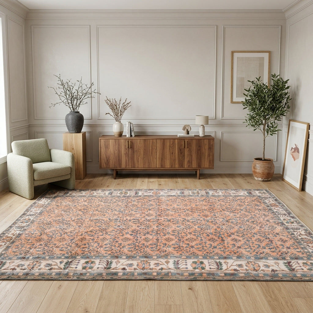 Bordered and floral pattern on the Sahragonca vintage area rug – handmade in Hereke, Turkey