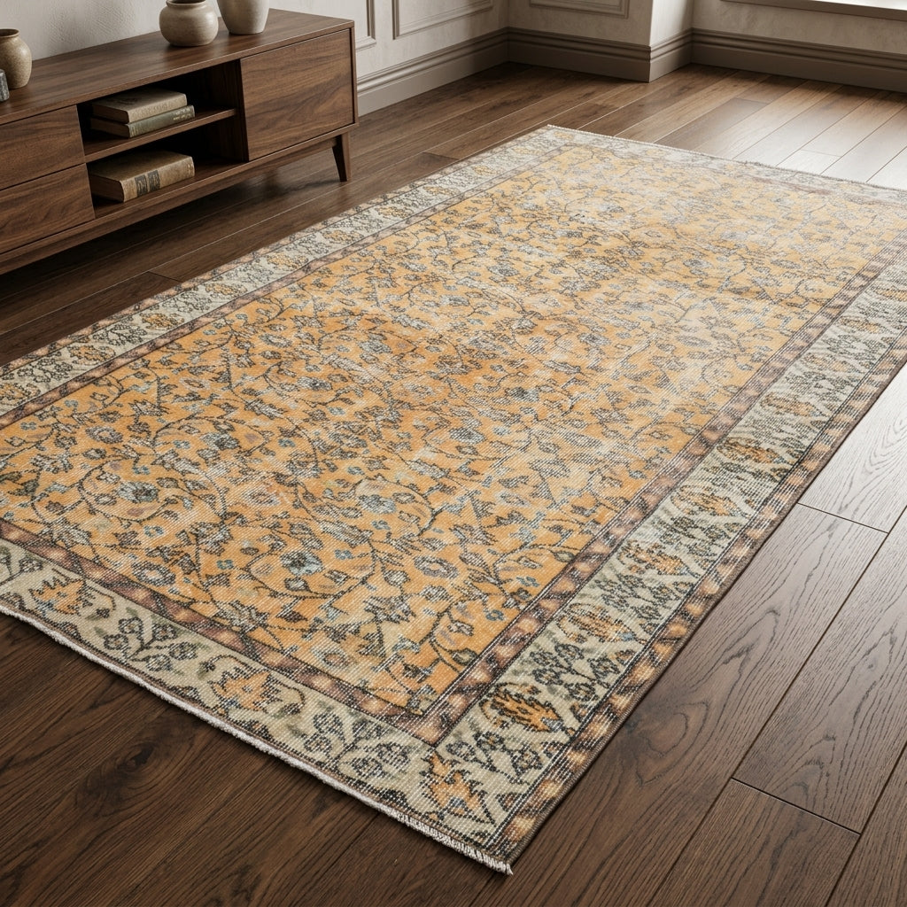 Bordered and floral pattern on the Safirpeyker vintage area rug – handmade in Anatolia, Turkey