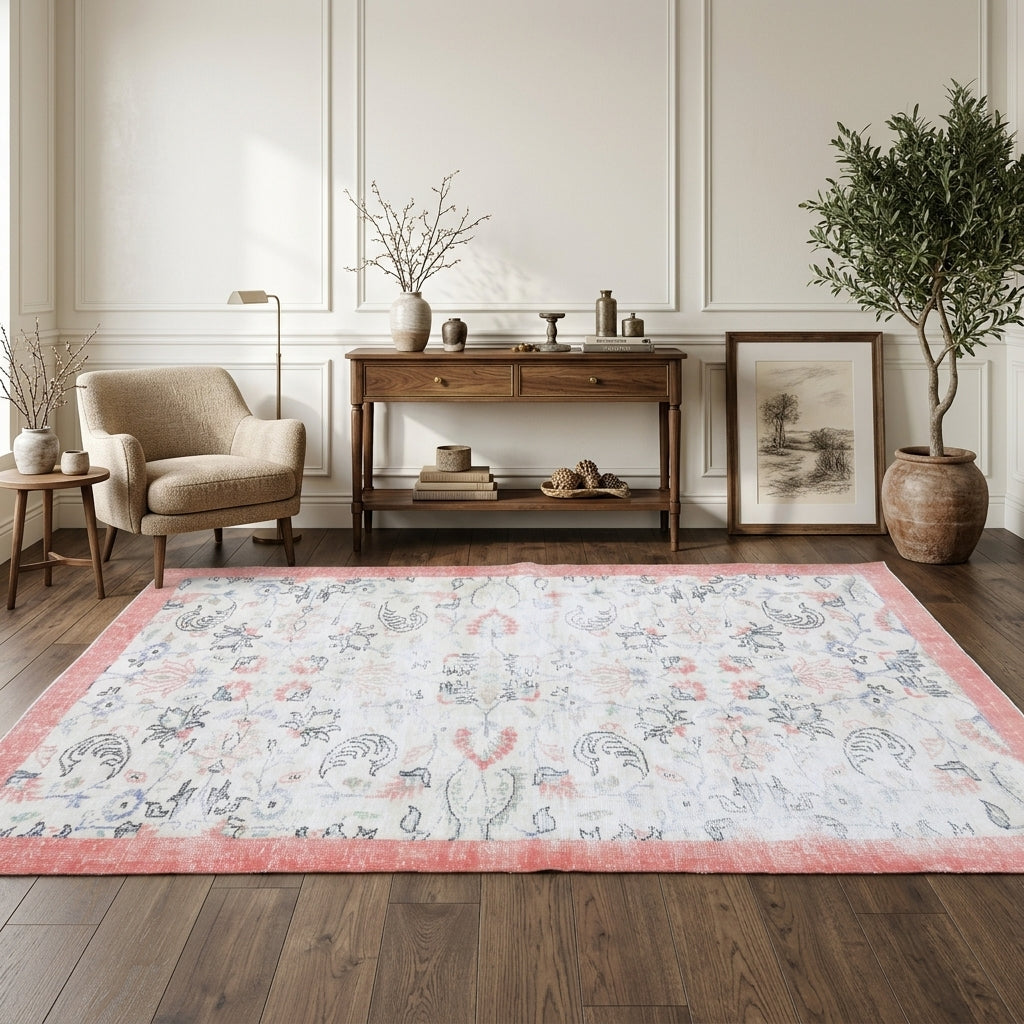 Floral and bordered pattern on the Safaknil antique washed vintage area rug – handmade in Anatolia, Turkey