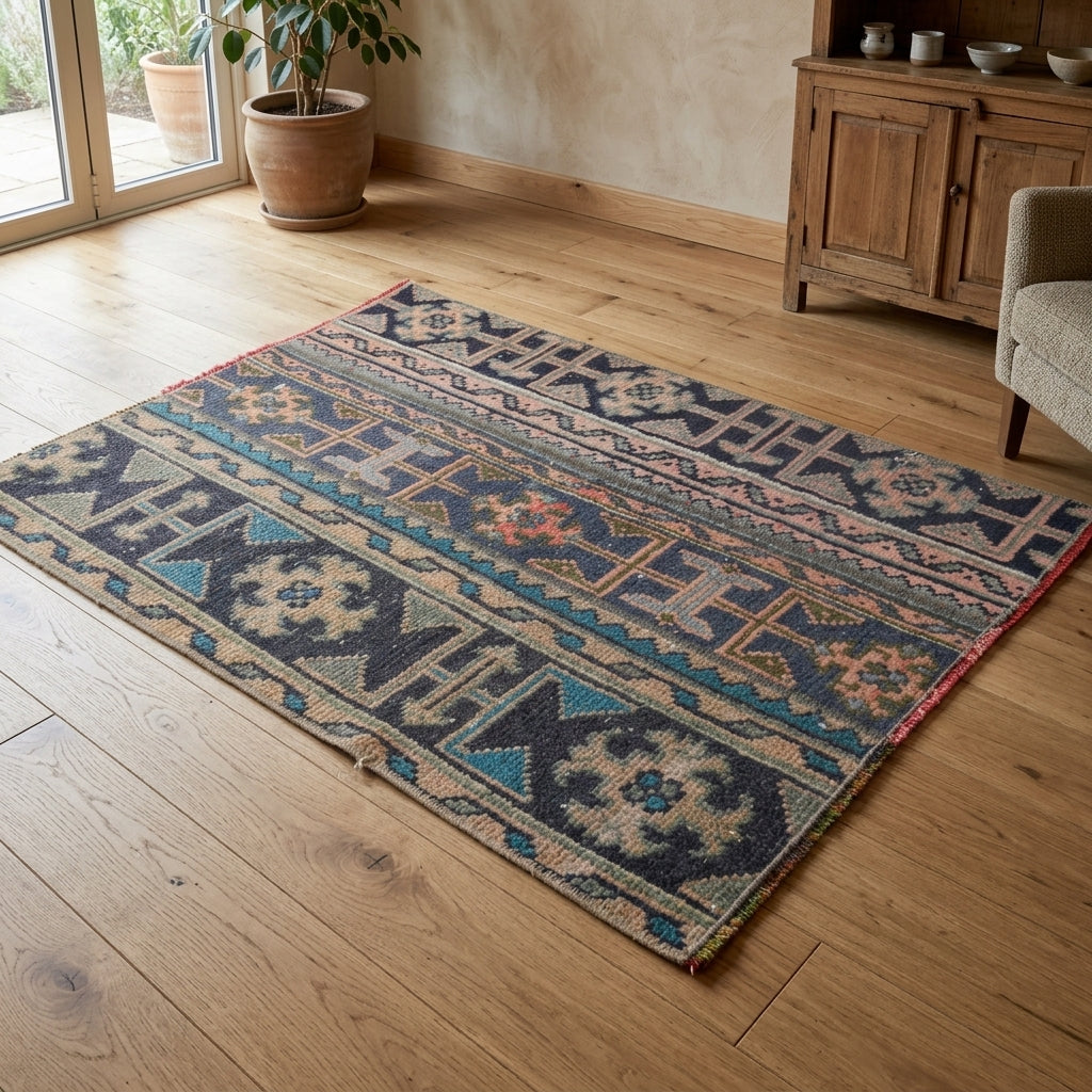 Ikat pattern on the Rukiyat vintage patchwork area rug – handmade in Anatolia, Turkey