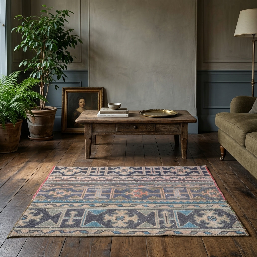 Ikat pattern on the Rukiyat vintage patchwork area rug – handmade in Anatolia, Turkey