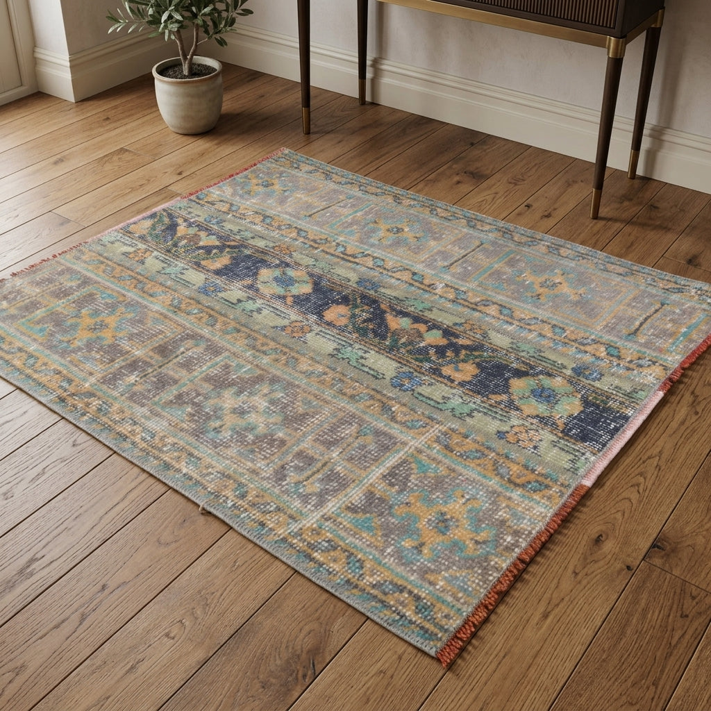 Ikat pattern on the Rhodonoma vintage patchwork rug mat – handmade in Anatolia, Turkey