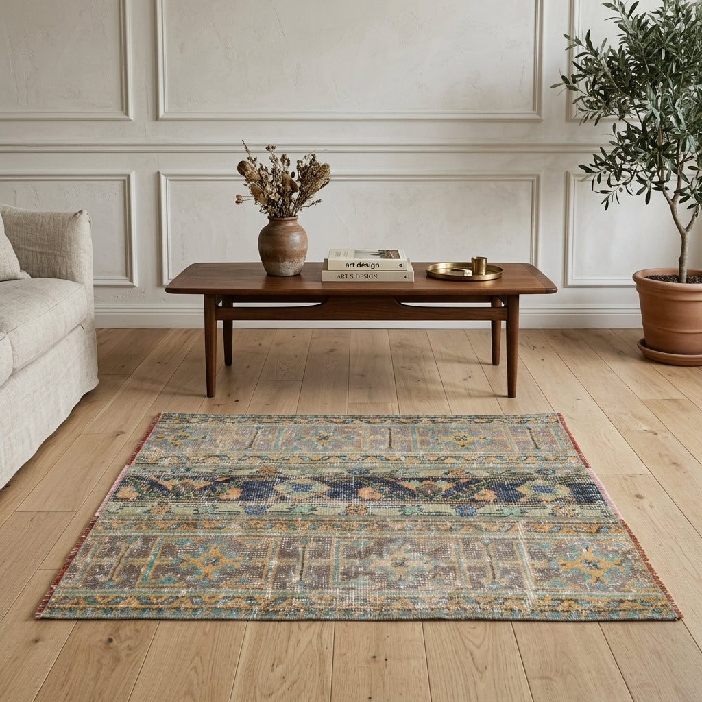 Ikat pattern on the Rhodonoma vintage patchwork rug mat – handmade in Anatolia, Turkey