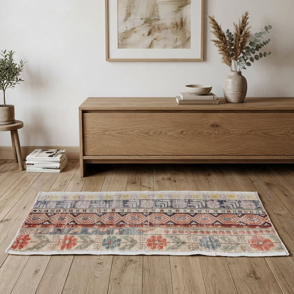 Oriental pattern on the Rhoda vintage patchwork area rug – handmade in Anatolia, Turkey