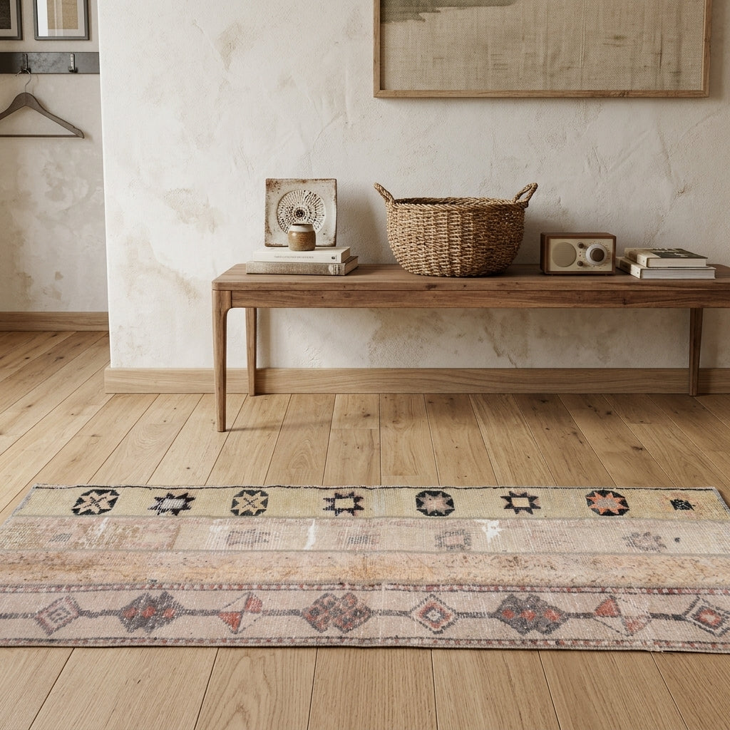Tribal pattern on the Reyhanyaz vintage patchwork runner rug – handmade in Anatolia, Turkey