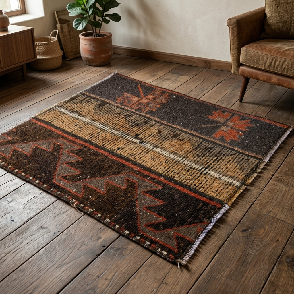 Tribal pattern on the Reyhansel vintage patchwork rug mat – handmade in Anatolia, Turkey