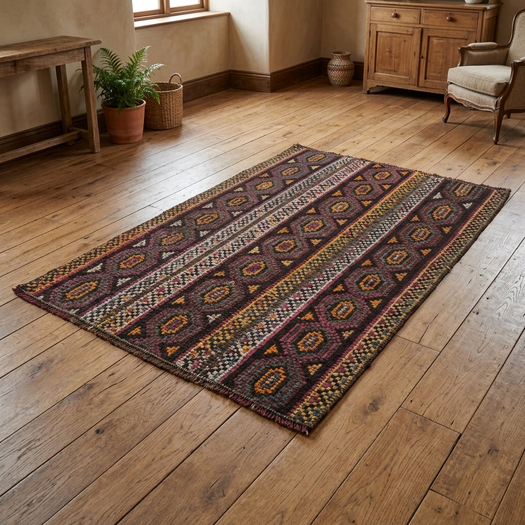 Ikat pattern on the Reyhandeniz vintage patchwork area rug – handmade in Anatolia, Turkey