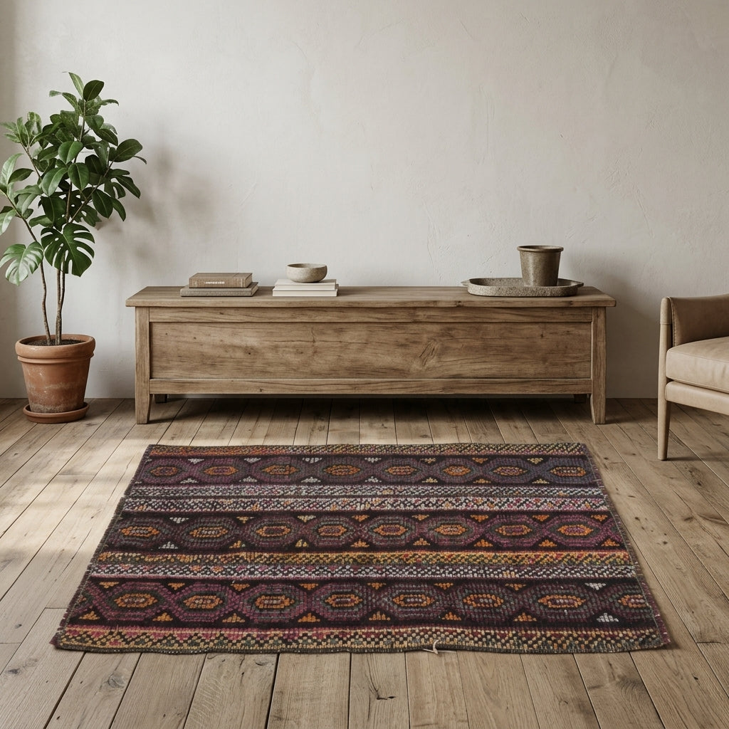 Ikat pattern on the Reyhandeniz vintage patchwork area rug – handmade in Anatolia, Turkey