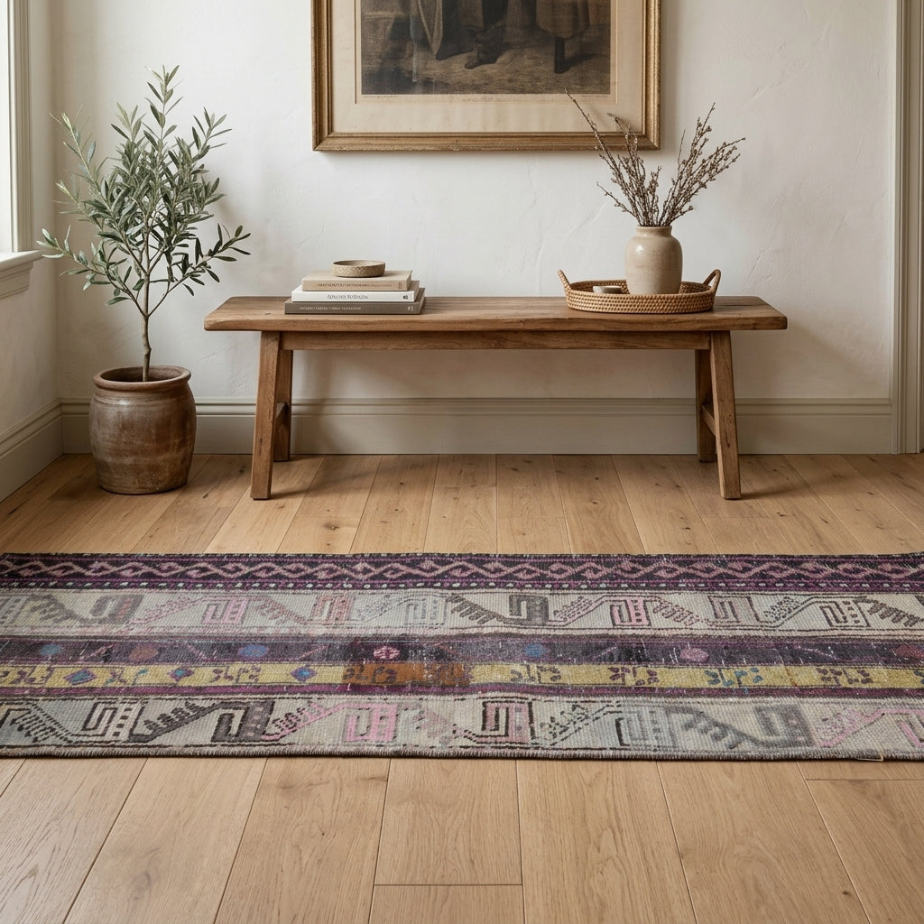 Ikat pattern on the Reyhanay vintage patchwork runner rug – handmade in Anatolia, Turkey