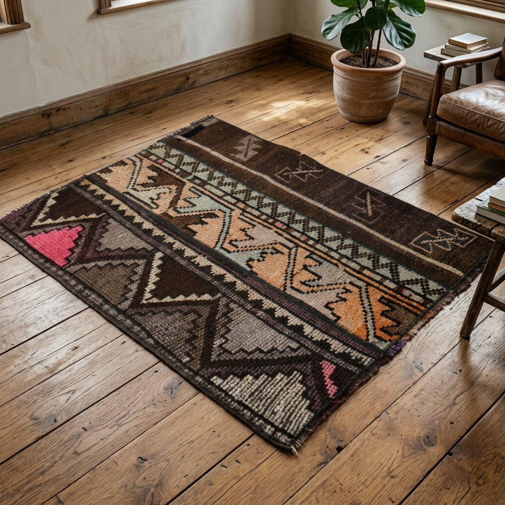 Tribal pattern on the Pyrrolyra vintage patchwork area rug – handmade in Anatolia, Turkey