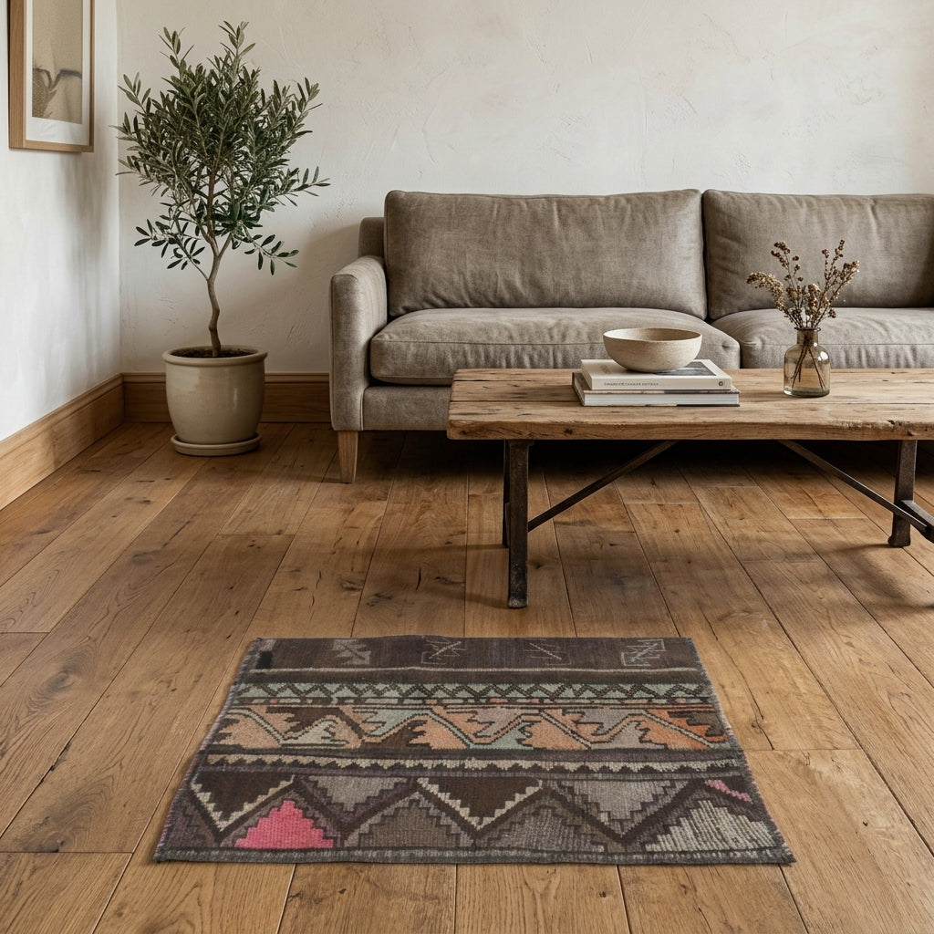 Tribal pattern on the Pyrrolyra vintage patchwork area rug – handmade in Anatolia, Turkey