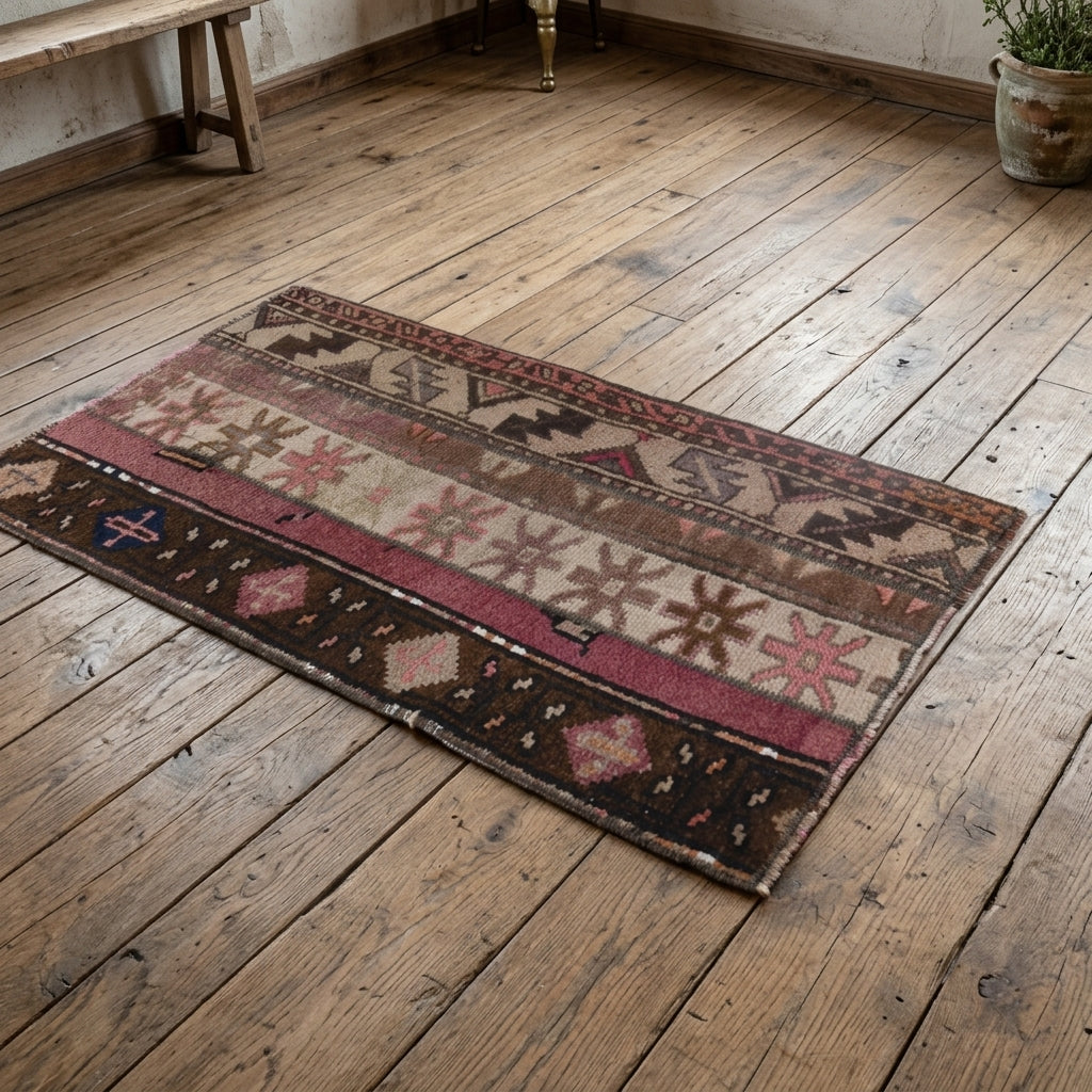 Patchwork pattern on the Porphyrochoria vintage patchwork rug mat – handmade in Anatolia, Turkey