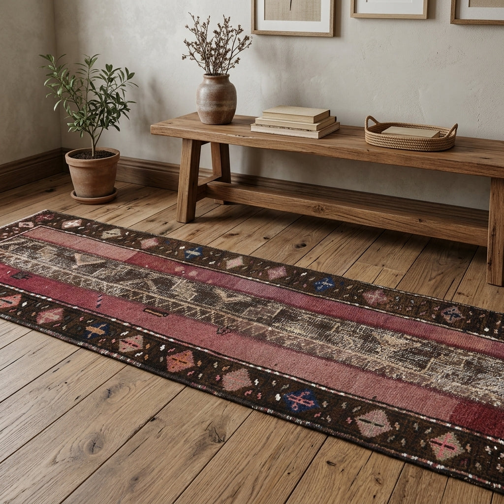 Ikat pattern on the Polypelia vintage patchwork runner rug – handmade in Anatolia, Turkey