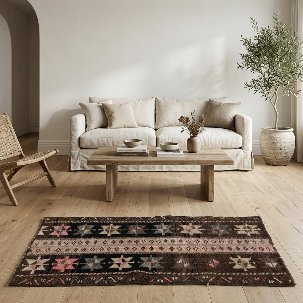 Tribal pattern on the Polylampe vintage patchwork rug mat – handmade in Anatolia, Turkey