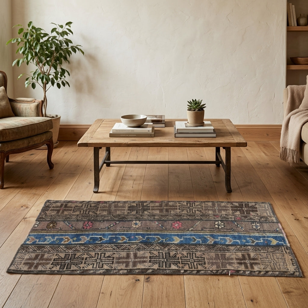 Ikat pattern on the Phaenanthe vintage patchwork area rug – handmade in Anatolia, Turkey