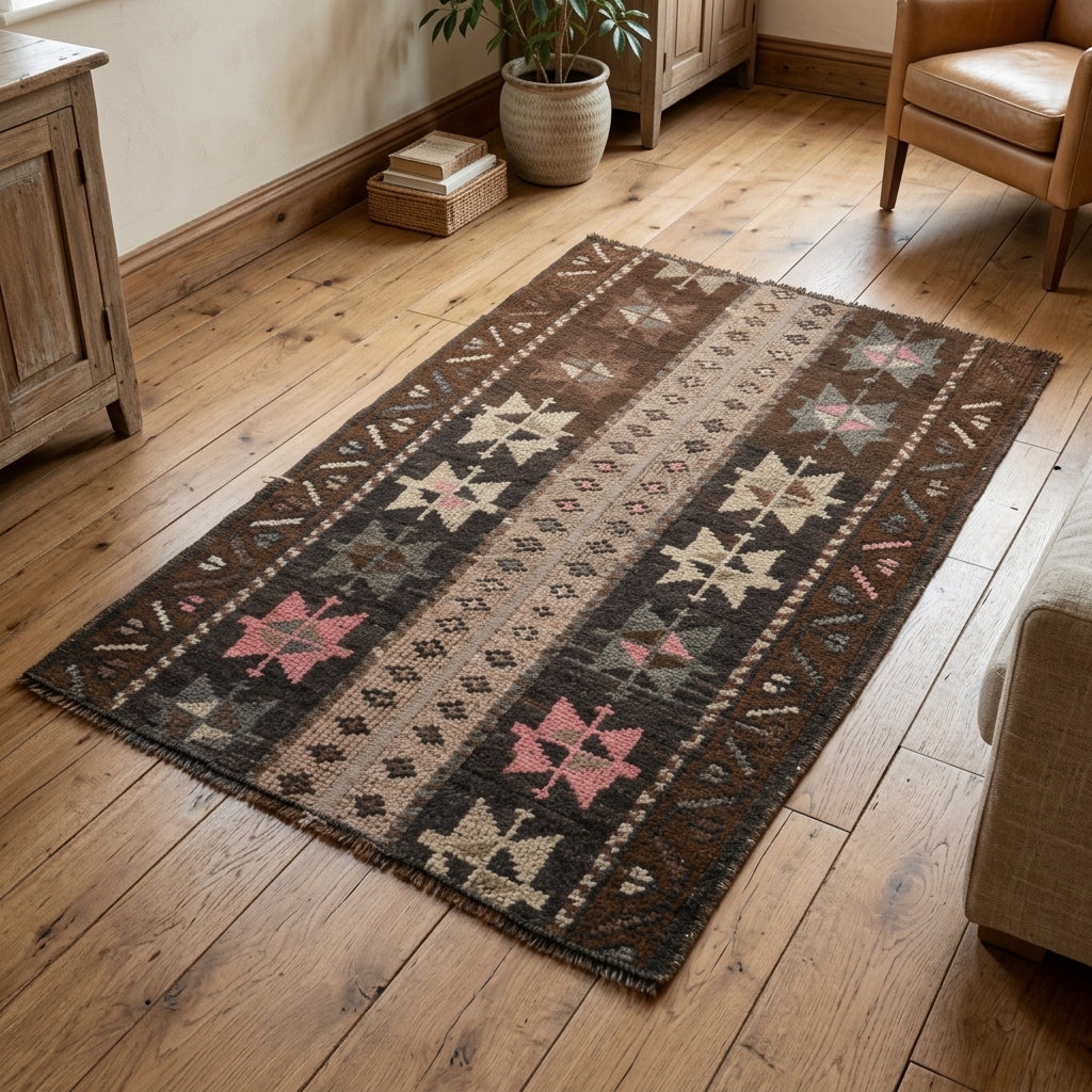 Ikat pattern on the Petromeda vintage patchwork area rug – handmade in Anatolia, Turkey