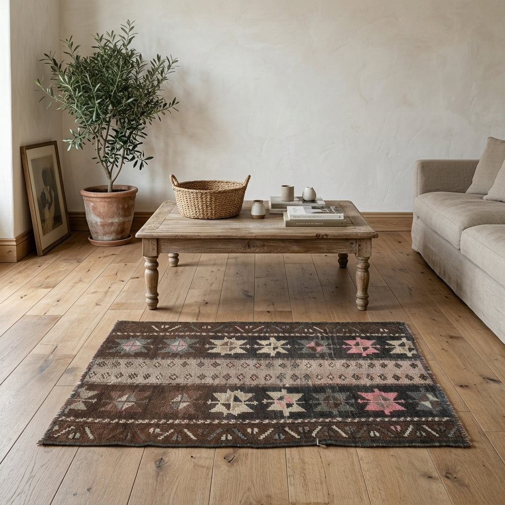 Ikat pattern on the Petromeda vintage patchwork area rug – handmade in Anatolia, Turkey