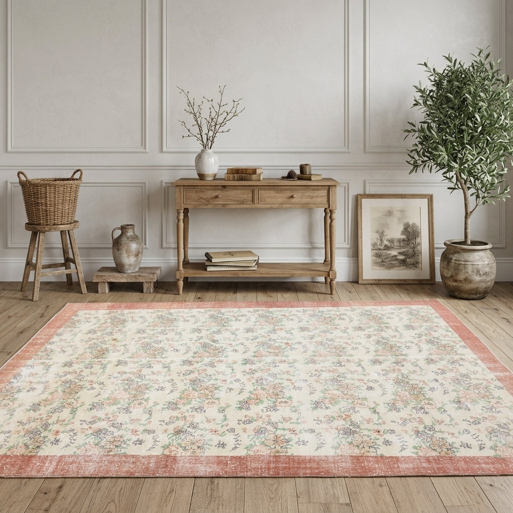 Bordered and floral pattern on the Oykuhayat vintage area rug – handmade in Anatolia, Turkey