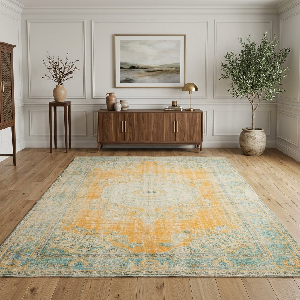 Oriental pattern on the Oykuefruz antique washed vintage area rug – handmade in Anatolia, Turkey