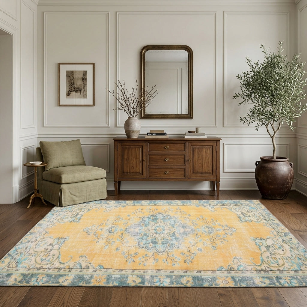 Oriental pattern on the Ouranophaessa vintage area rug – handmade in Anatolia, Turkey