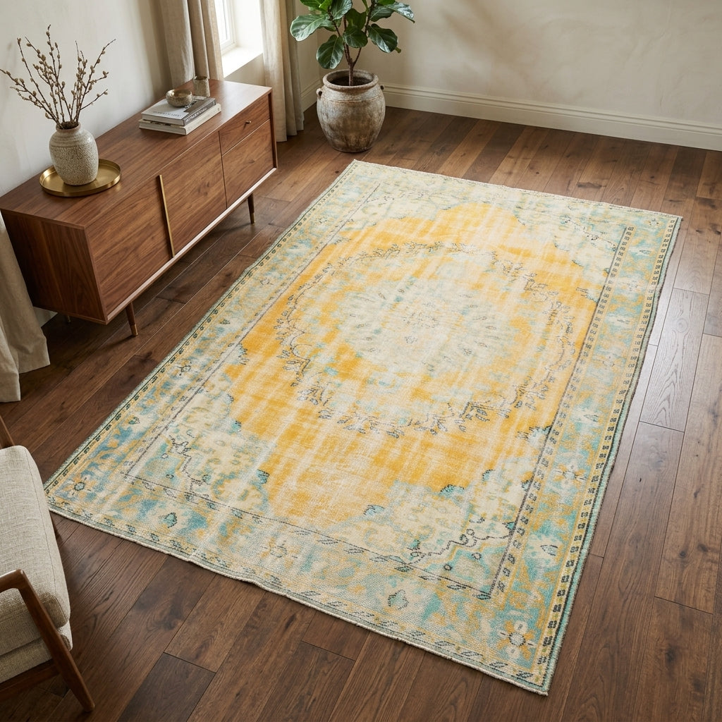 Oriental pattern on the Orkide distressed vintage area rug – handmade in Anatolia, Turkey