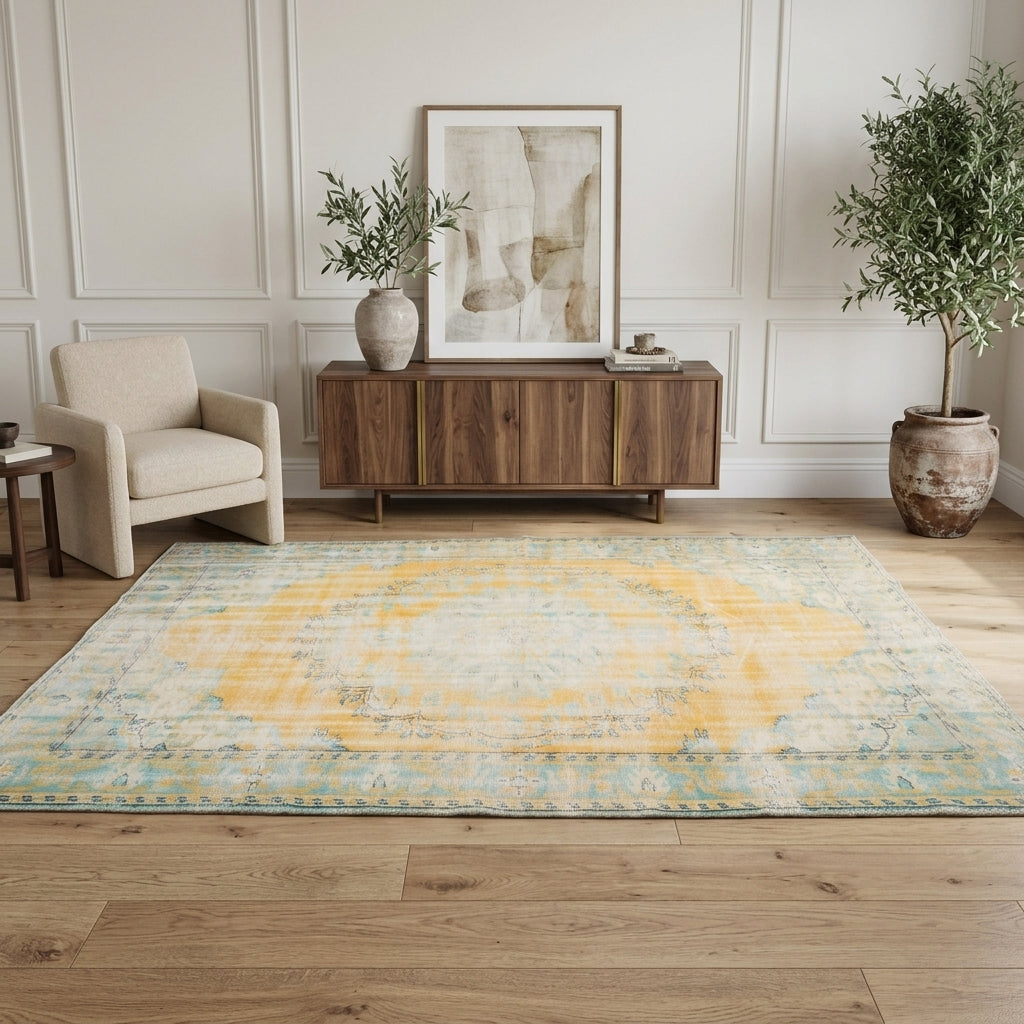 Oriental pattern on the Orkide distressed vintage area rug – handmade in Anatolia, Turkey