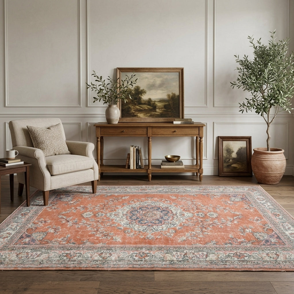 Oriental pattern on the Okeanomelpe vintage area rug – handmade in Anatolia, Turkey