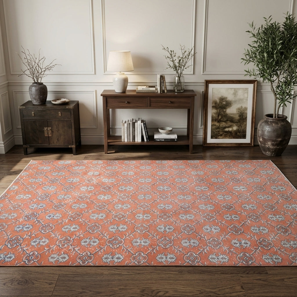 Flowers and damask pattern on the Ocyale vintage area rug – handmade in Anatolia, Turkey