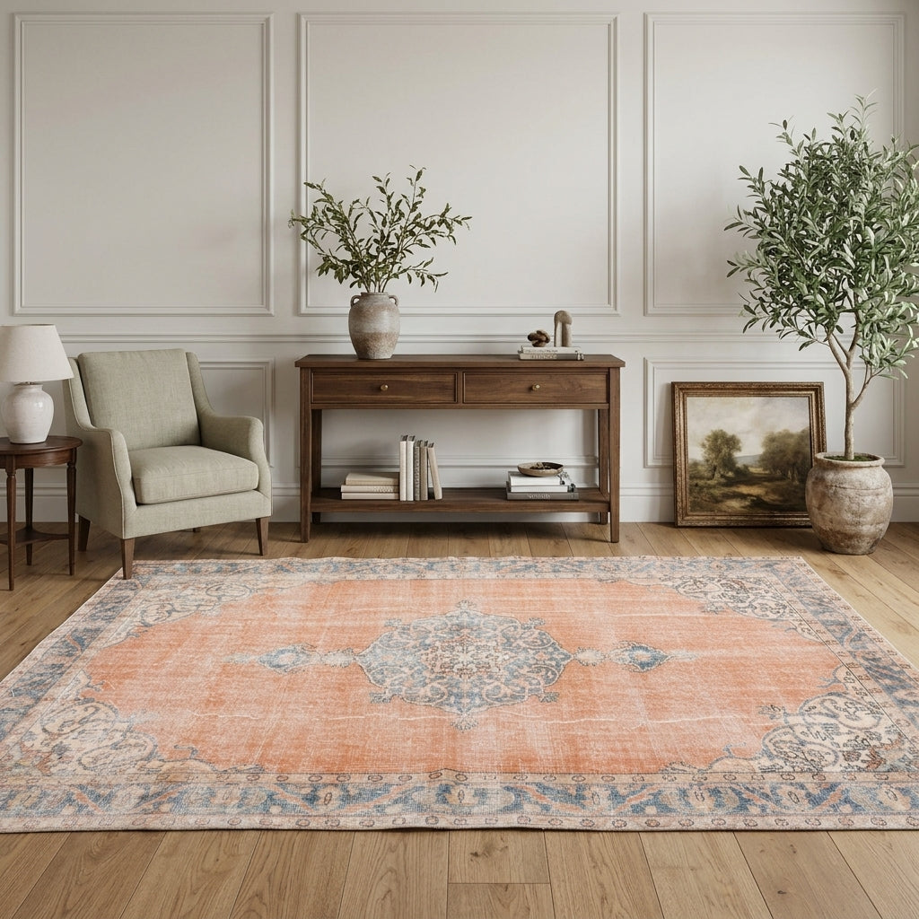 Oriental medallion pattern on the Nurlale vintage area rug – handmade in Anatolia, Turkey