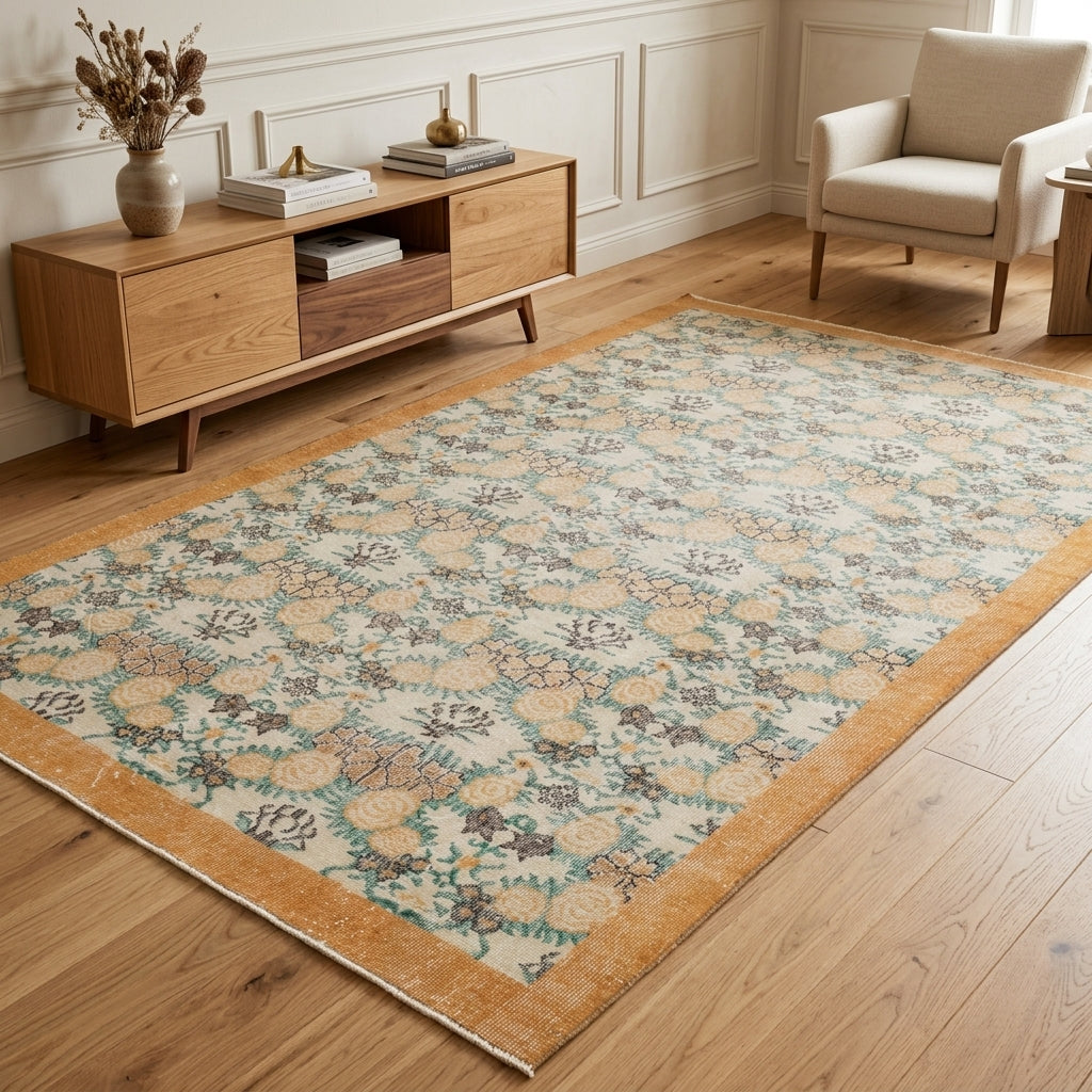 Bordered and floral pattern on the Nino vintage area rug – handmade in Anatolia, Turkey