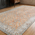 Bordered and floral pattern on the Nikomira vintage area rug – handmade in Anatolia, Turkey