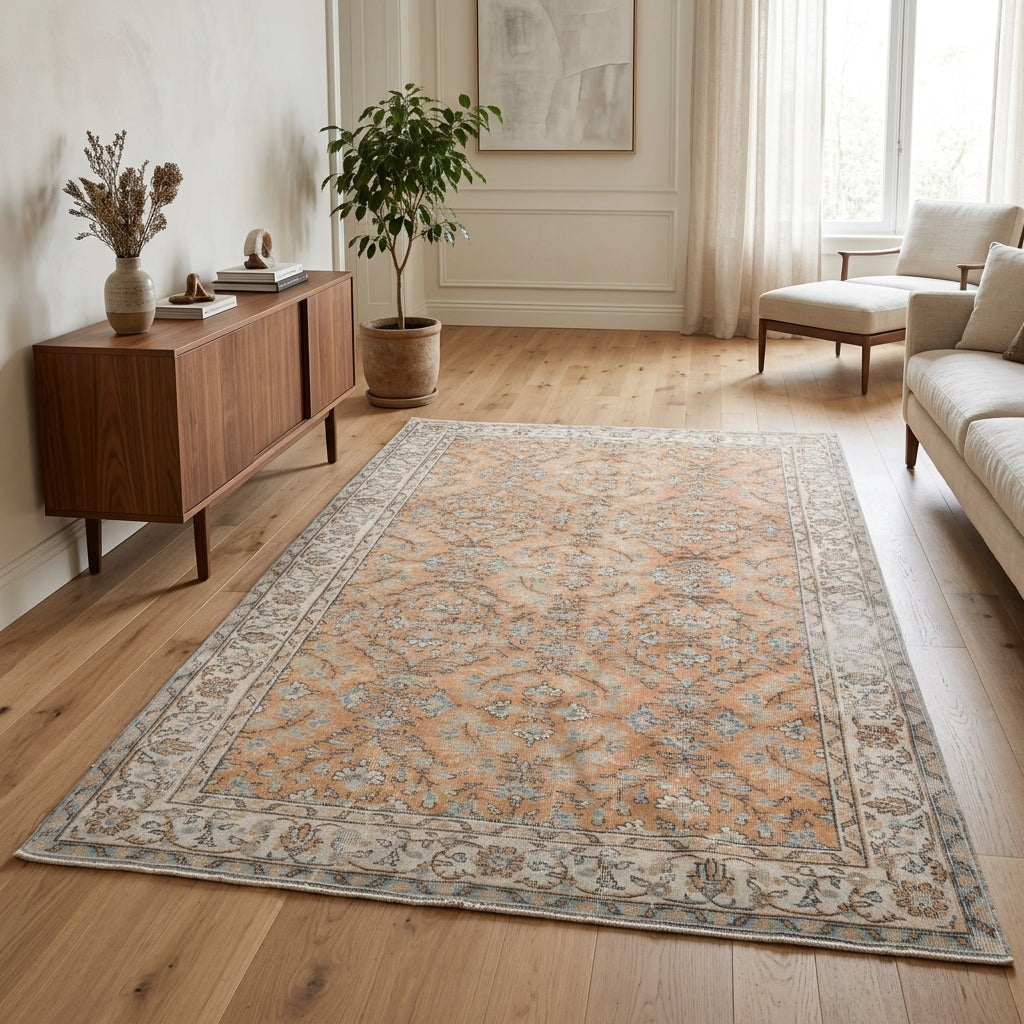 Bordered and floral pattern on the Nikomira vintage area rug – handmade in Anatolia, Turkey