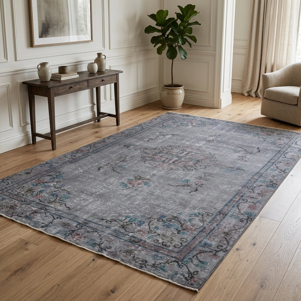 Oriental pattern on the Nihansema overdyed vintage area rug – handmade in Anatolia, Turkey