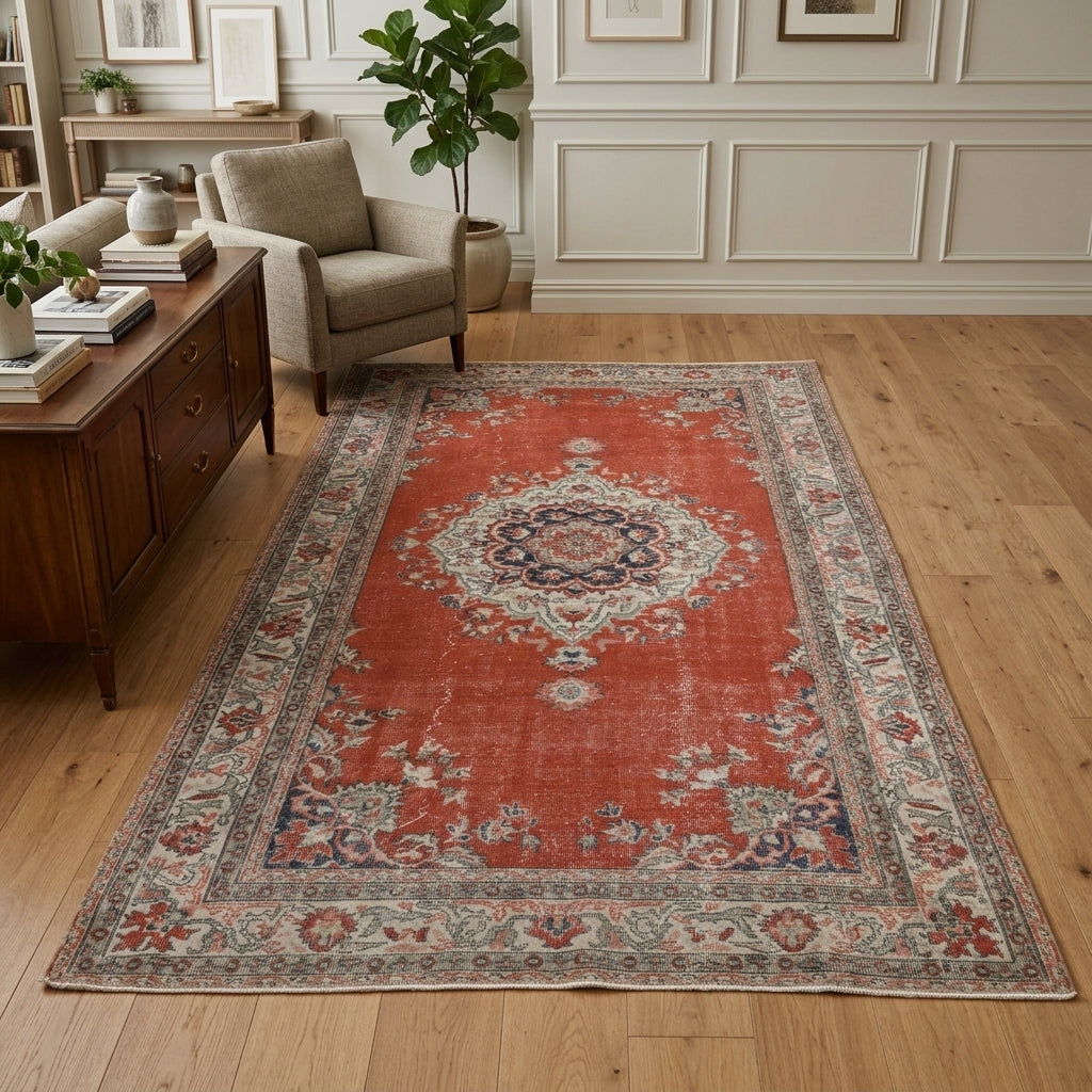 Medallion pattern on the Nevmelek vintage area rug – handmade in Anatolia, Turkey