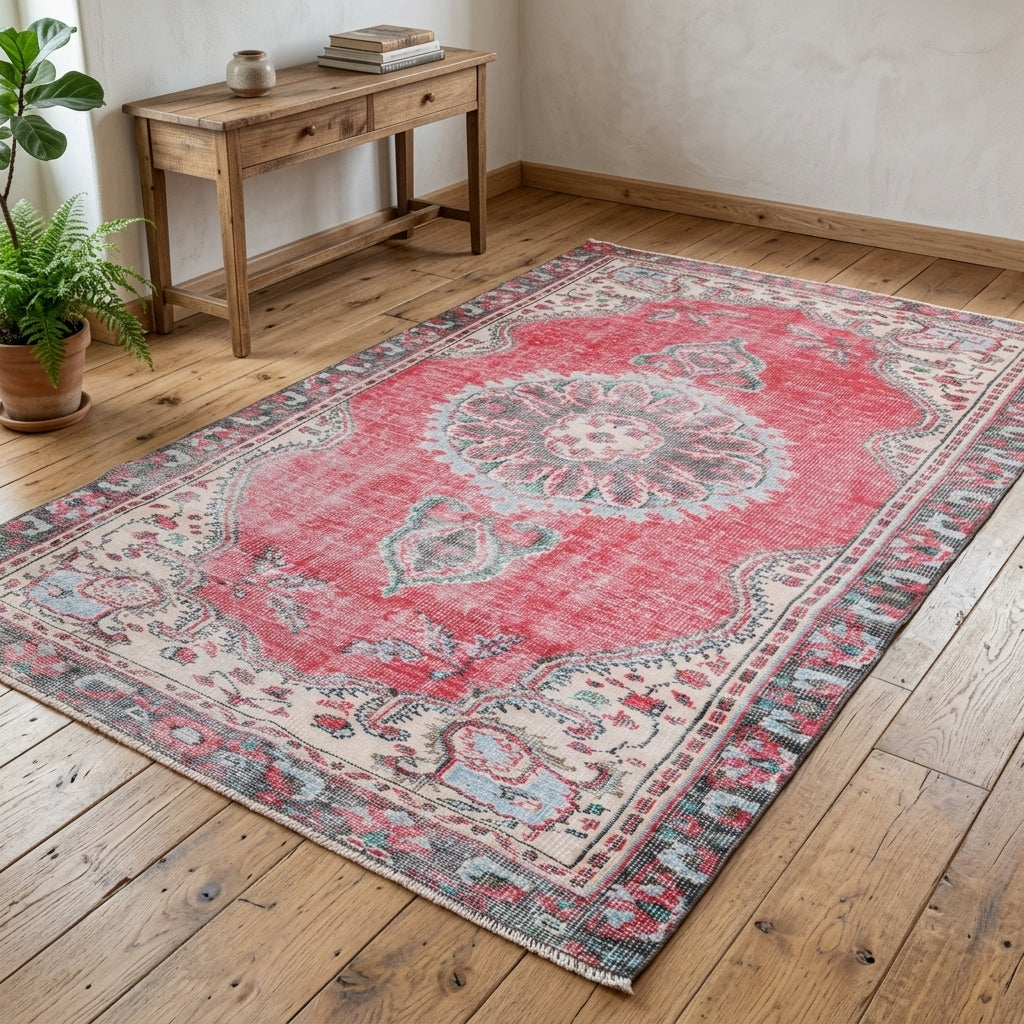 Oriental and medallion pattern on the Nesterengonca vintage area rug – handmade in Kurdish Region, Turkey