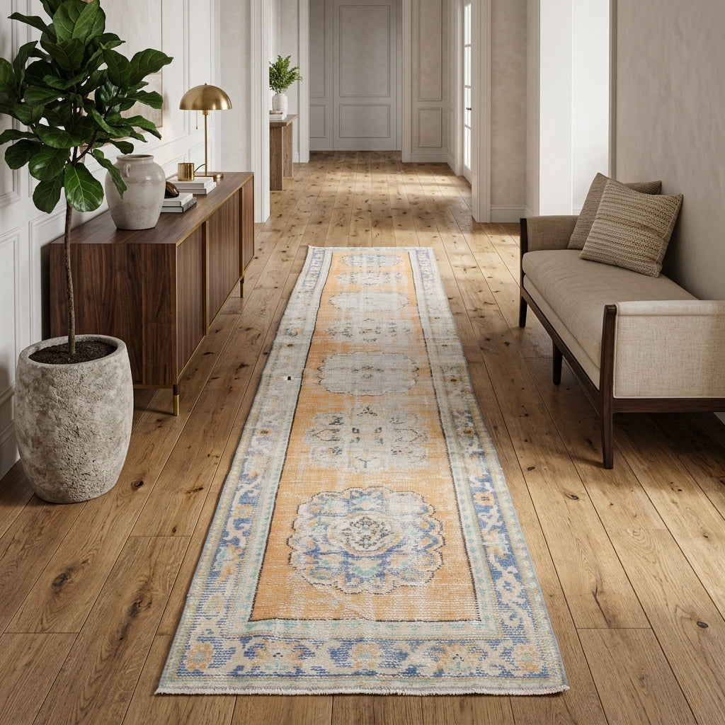Oriental pattern on the Mzia antique washed vintage runner rug – handmade in Anatolia, Turkey