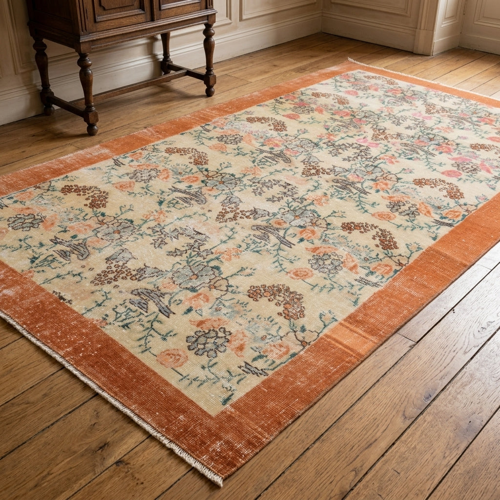 Floral pattern on the Kelebekhayat vintage area rug – handmade in Anatolia, Turkey