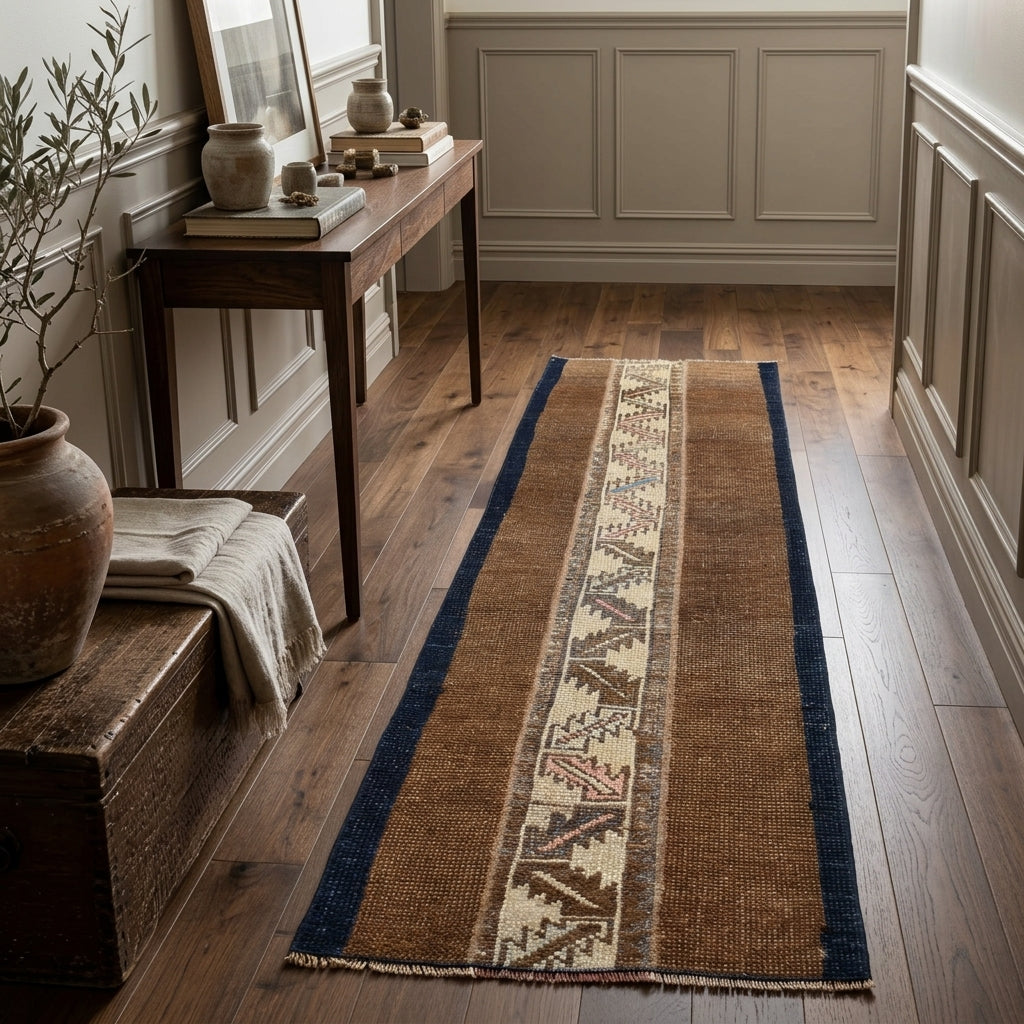 Ikat pattern on the Miletus vintage patchwork runner rug – handmade in Anatolia, Turkey