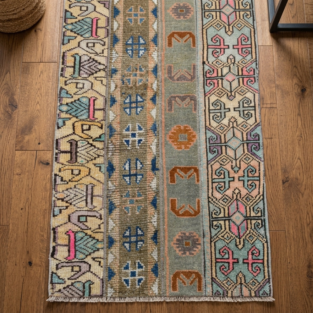 Ikat pattern on the Mercanbike vintage patchwork runner rug – handmade in Anatolia, Turkey