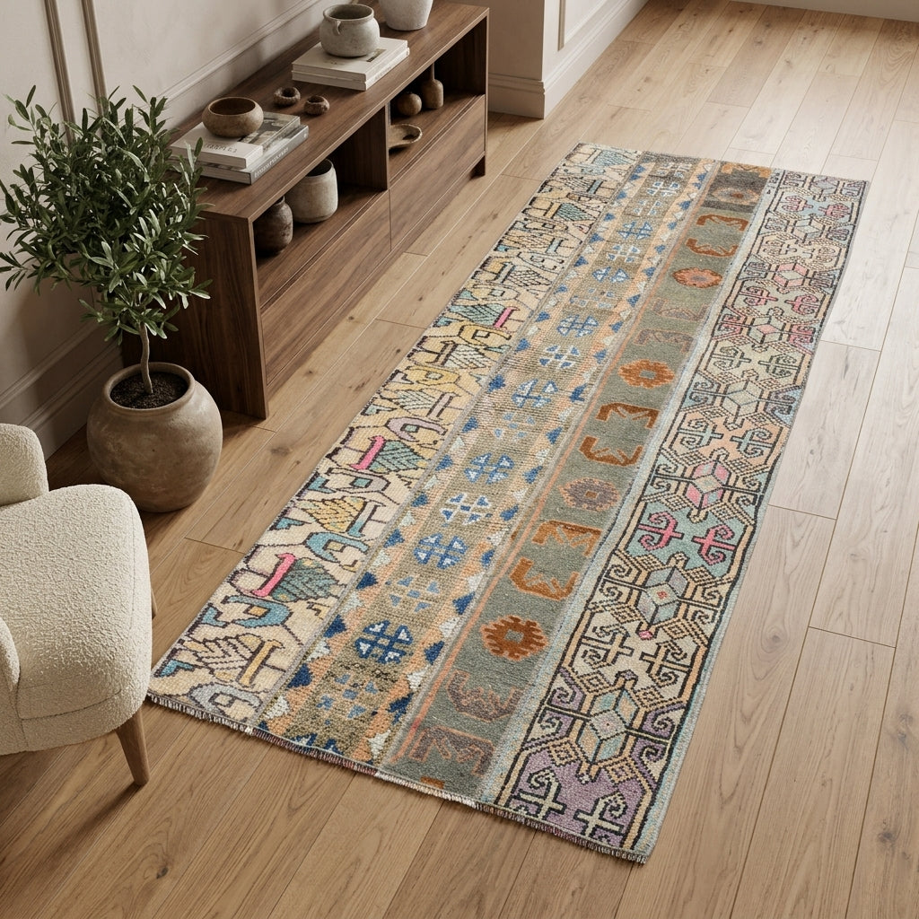 Ikat pattern on the Mercanbike vintage patchwork runner rug – handmade in Anatolia, Turkey