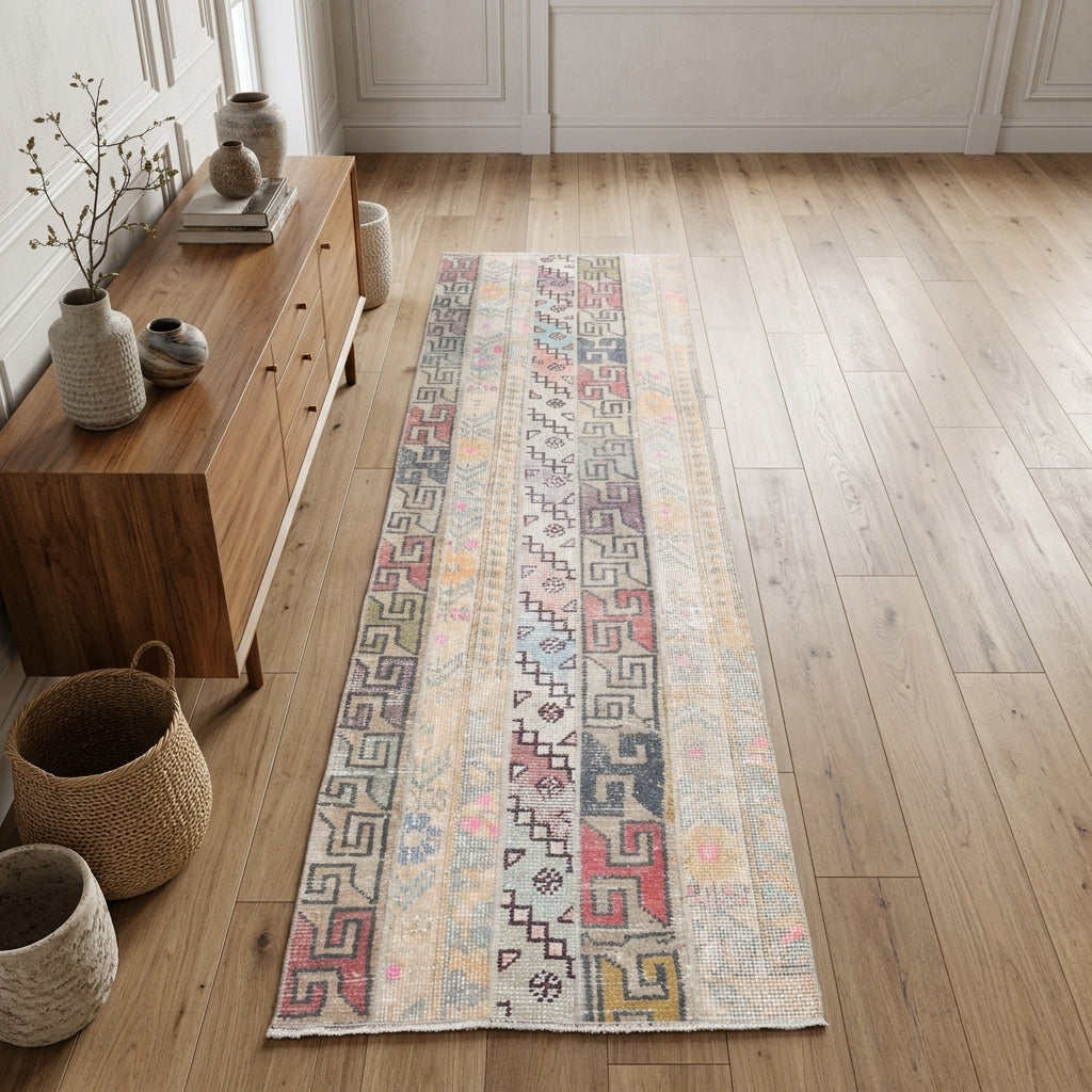 Oriental pattern on the Meltemumut vintage patchwork runner rug – handmade in Anatolia, Turkey