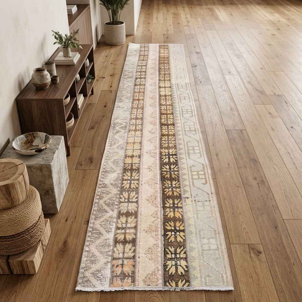 Ikat pattern on the Meltempezir vintage patchwork runner rug – handmade in Anatolia, Turkey