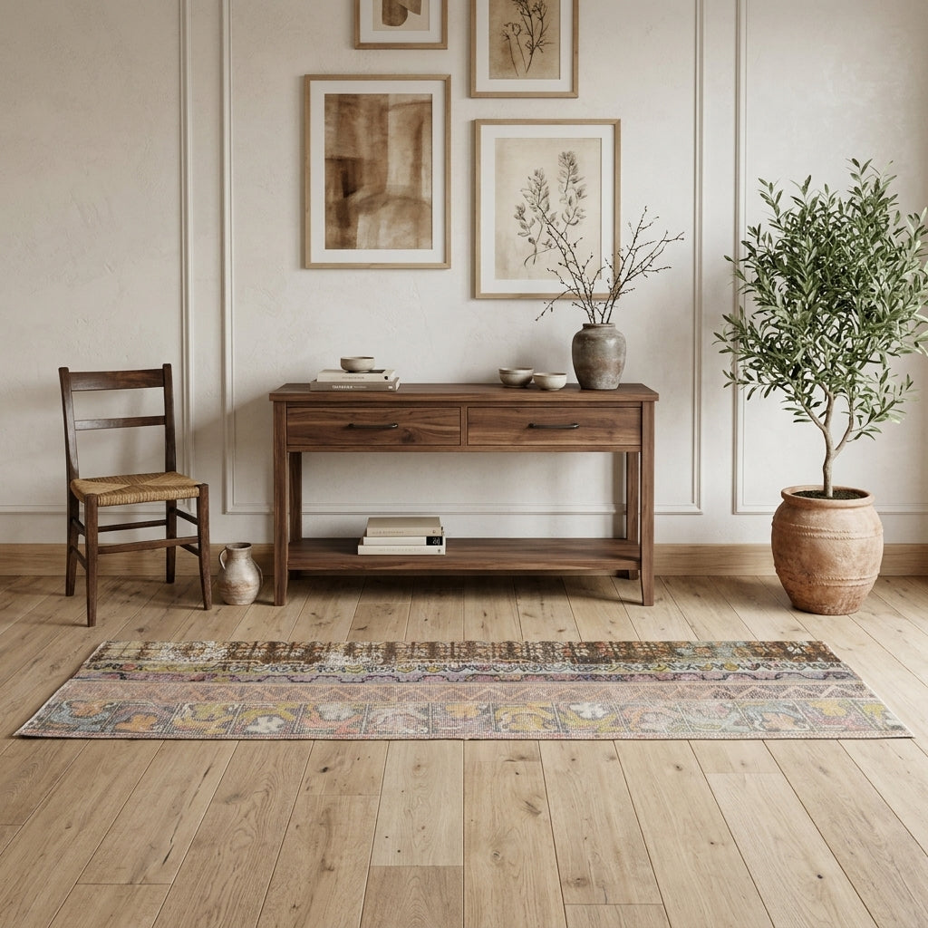 Patchwork pattern on the Melissokrateia vintage patchwork runner rug – handmade in Anatolia, Turkey