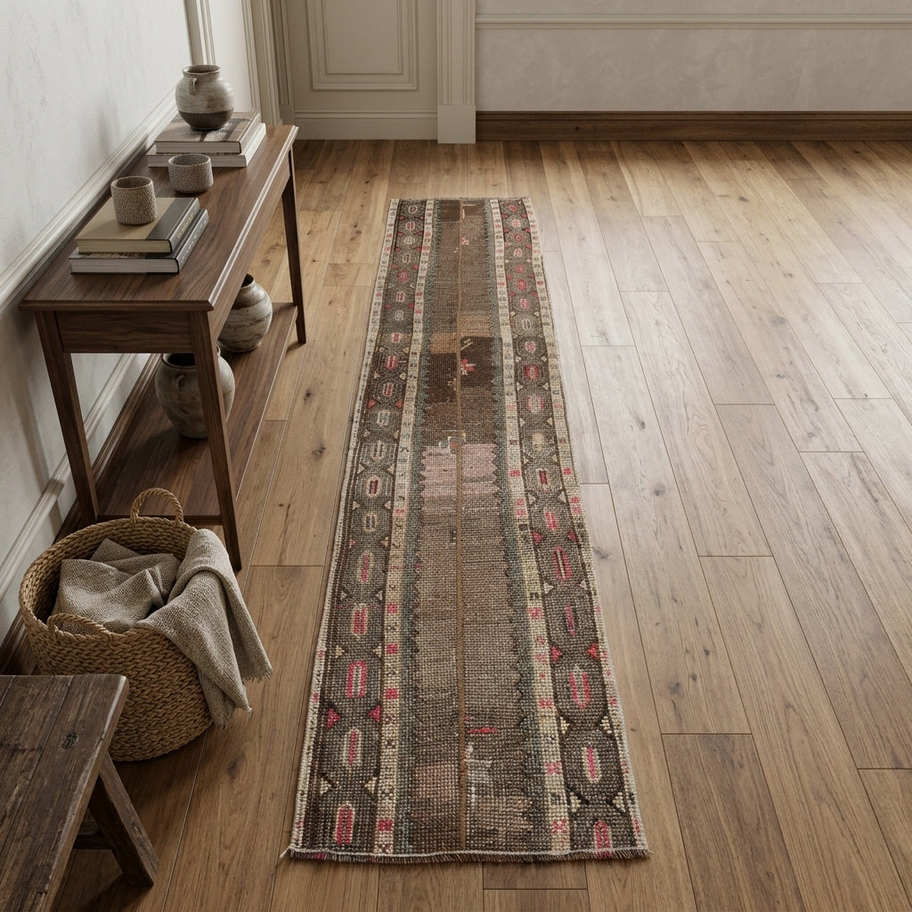 Tribal pattern on the Mahparenur vintage patchwork runner rug – handmade in Anatolia, Turkey