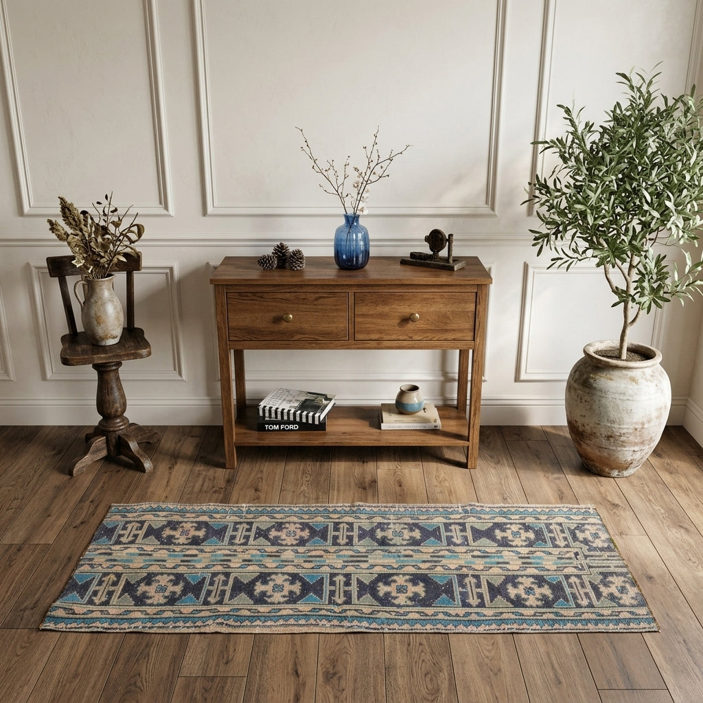 Patchwork pattern on the Leucothoe vintage patchwork runner rug – handmade in Anatolia, Turkey